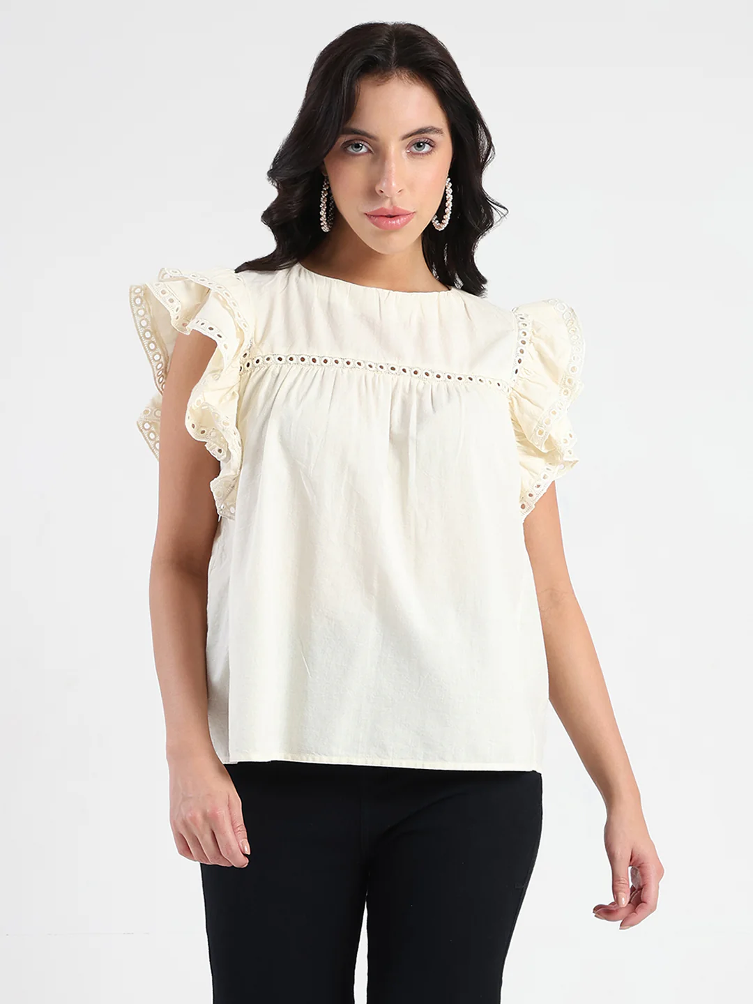 Madame Lace Inserted Off White Cotton Top - Image 3