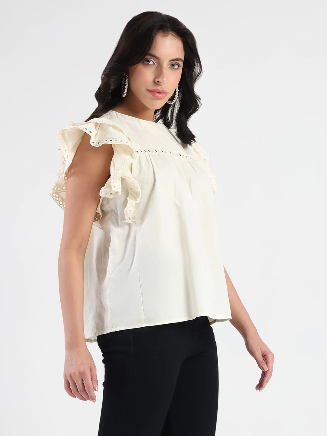 Madame Lace Inserted Off White Cotton Top - Image 4
