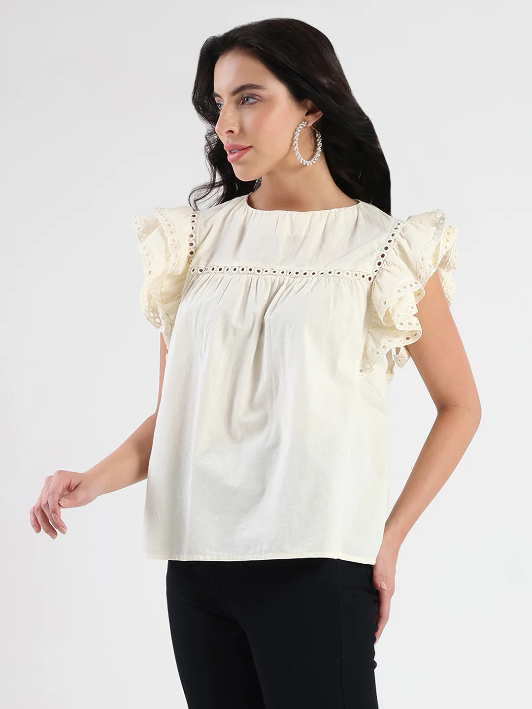 Madame Lace Inserted Off White Cotton Top - Image 5
