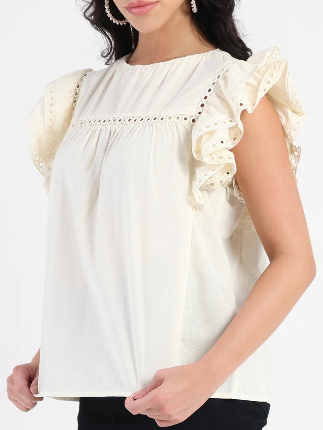Madame Lace Inserted Off White Cotton Top - Image 7