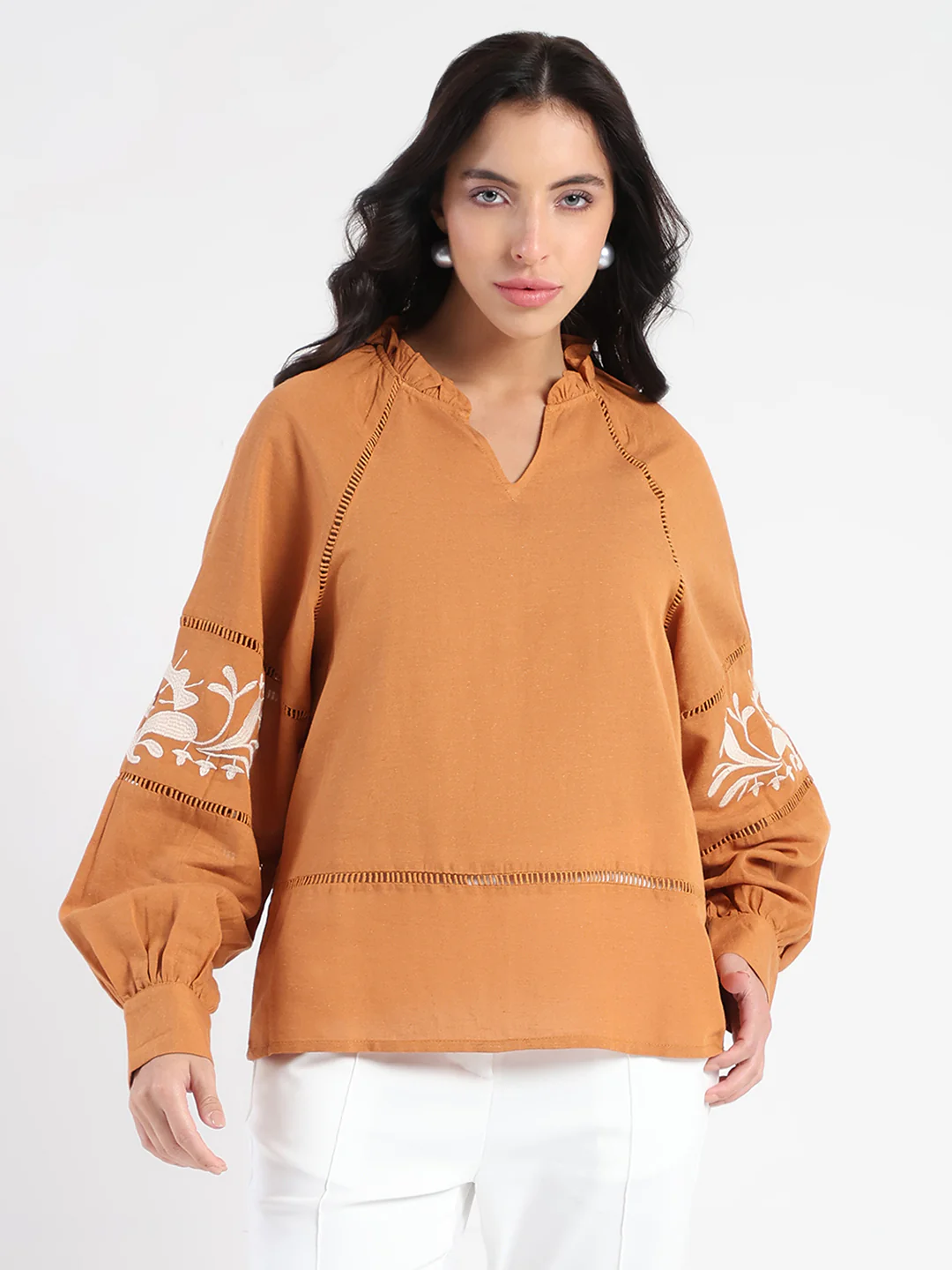 Madame Smocked Lace Detailed Tan Brown Top - Image 3