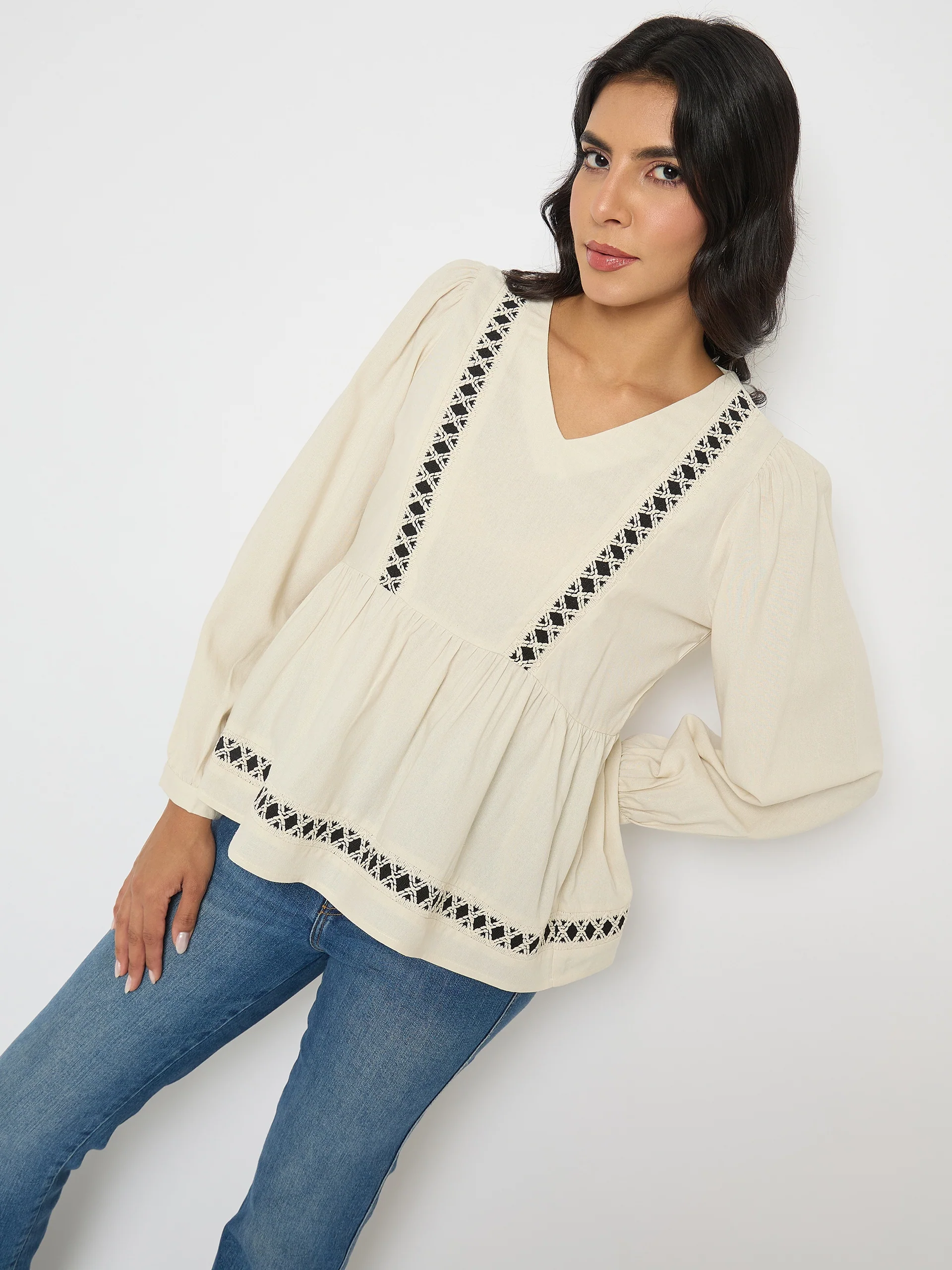 Madame Geometric Pattern Embroidery Rayon Blend Off White Top