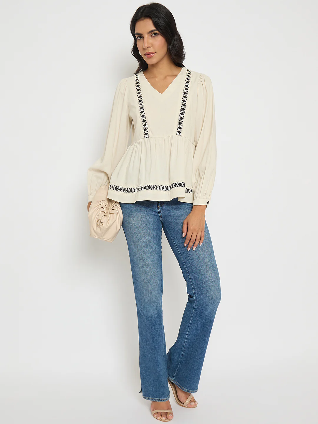 Madame Geometric Pattern Embroidery Rayon Blend Off White Top - Image 2