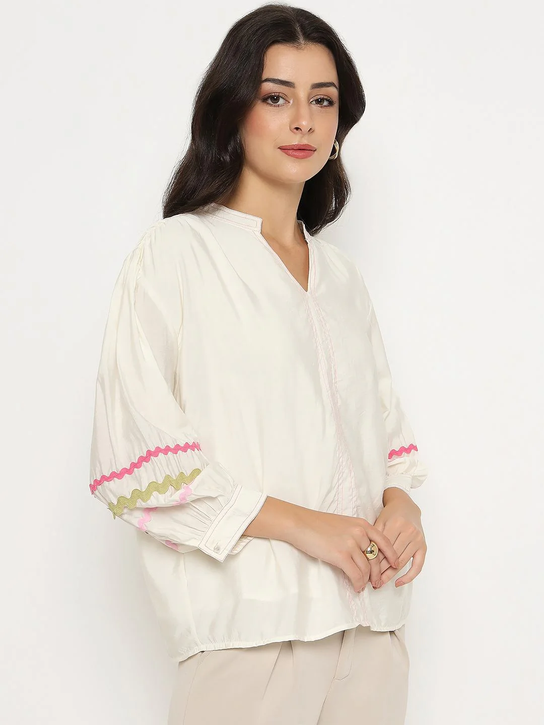 Madame Rayon Blend Dori Embroidered Off White Top - Image 4