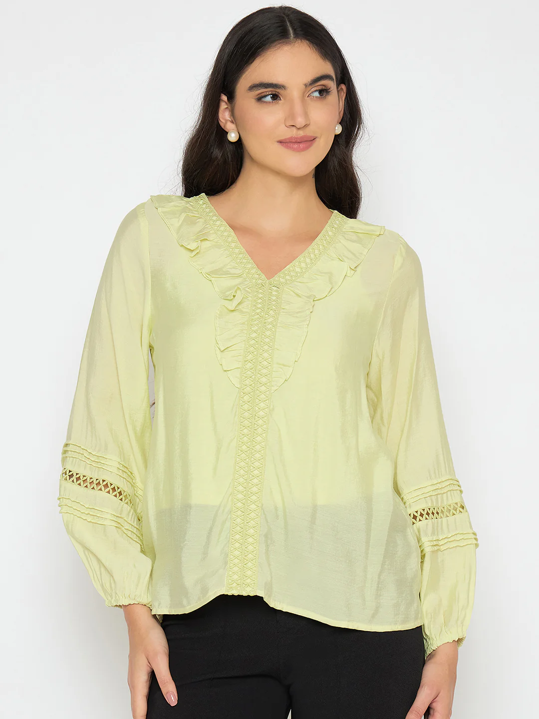 Madame Frill Neck Cool Matcha Viscose Blend Top - Image 3