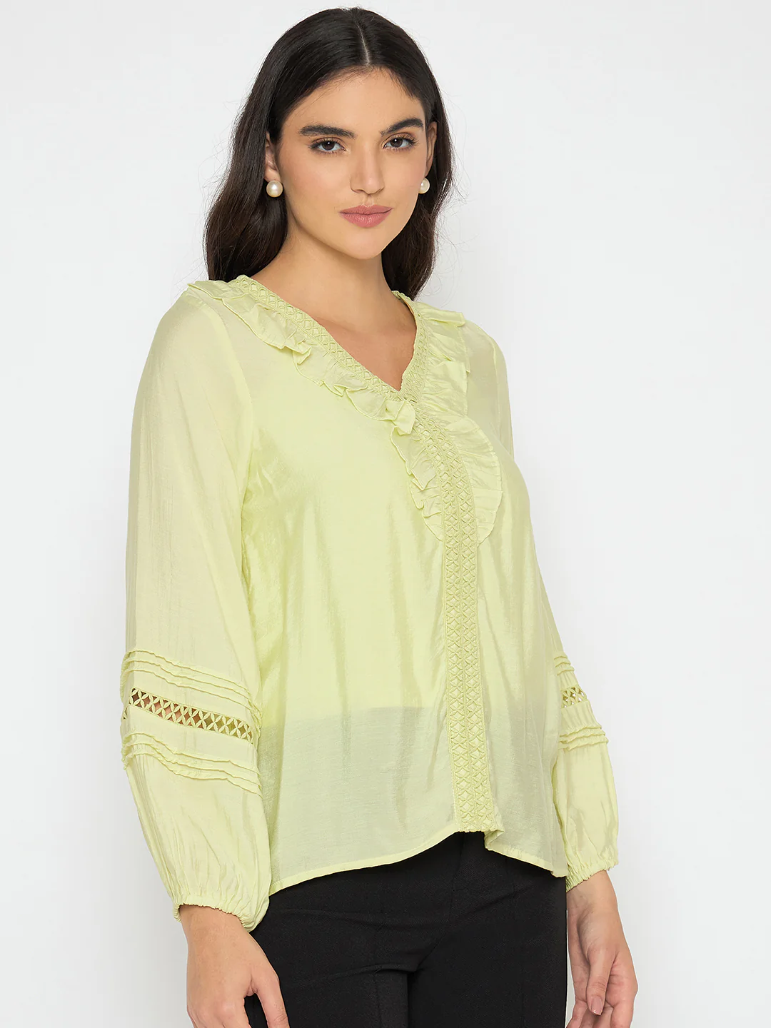 Madame Frill Neck Cool Matcha Viscose Blend Top - Image 4