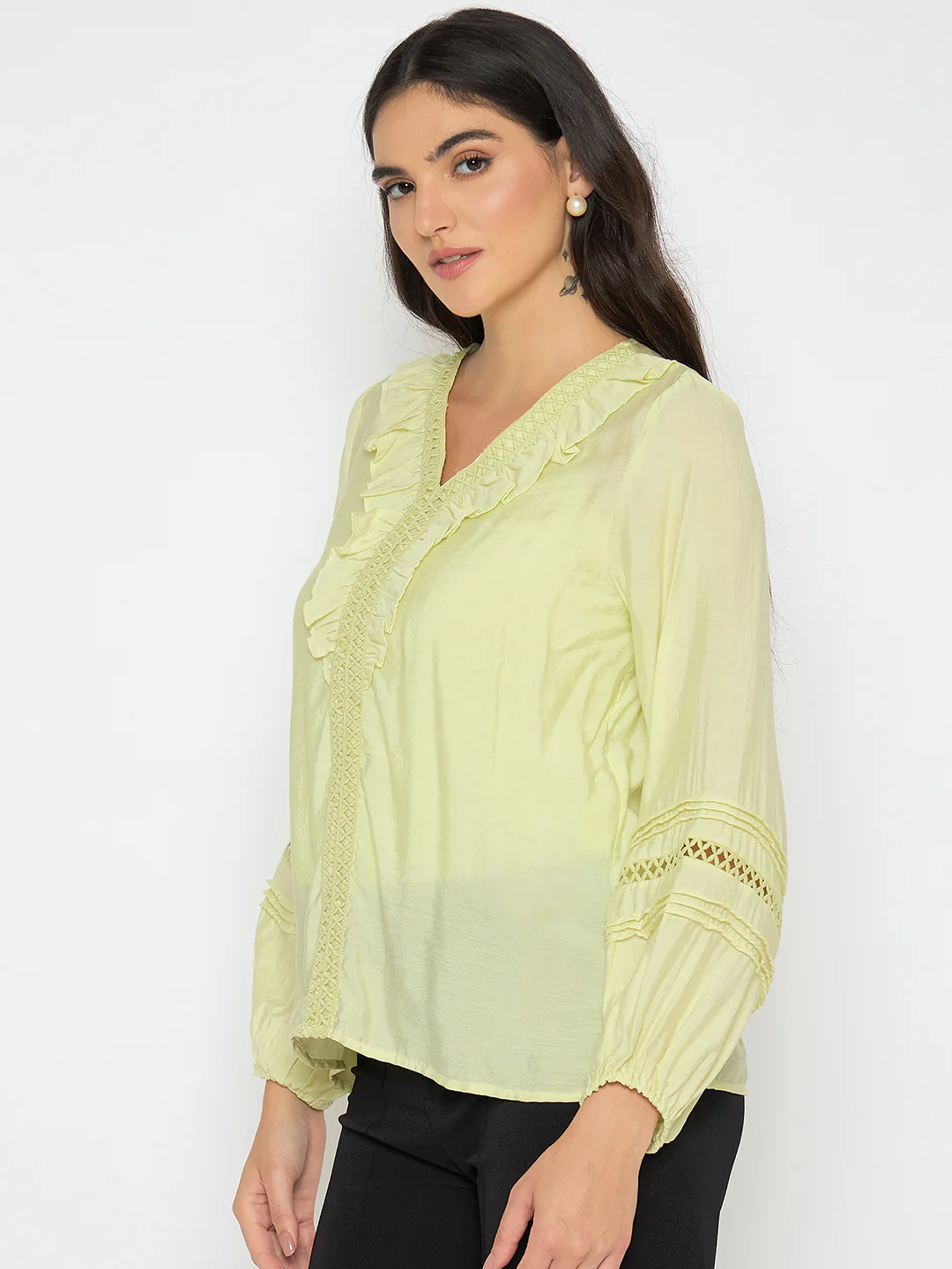 Madame Frill Neck Cool Matcha Viscose Blend Top - Image 5