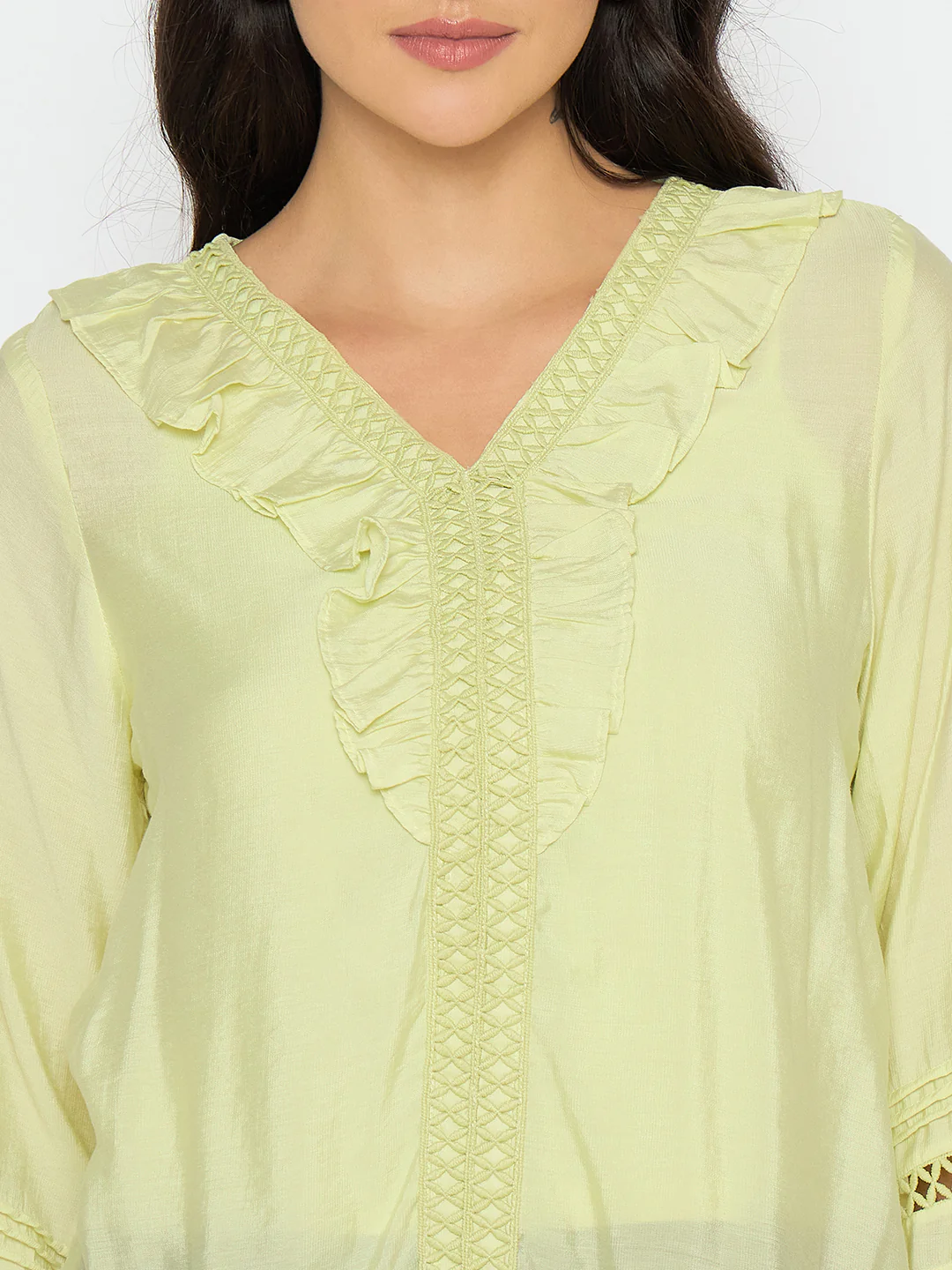 Madame Frill Neck Cool Matcha Viscose Blend Top - Image 7