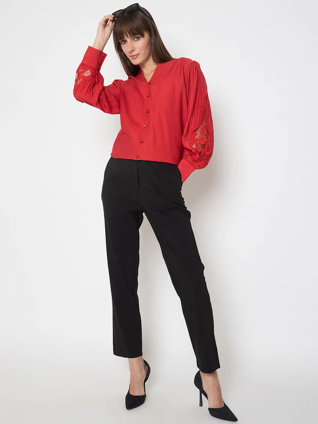 Madame Nylon Buttoned and Patched Red Top - Image 2