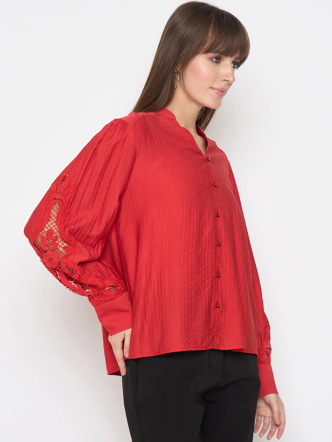 Madame Nylon Buttoned and Patched Red Top - Image 4