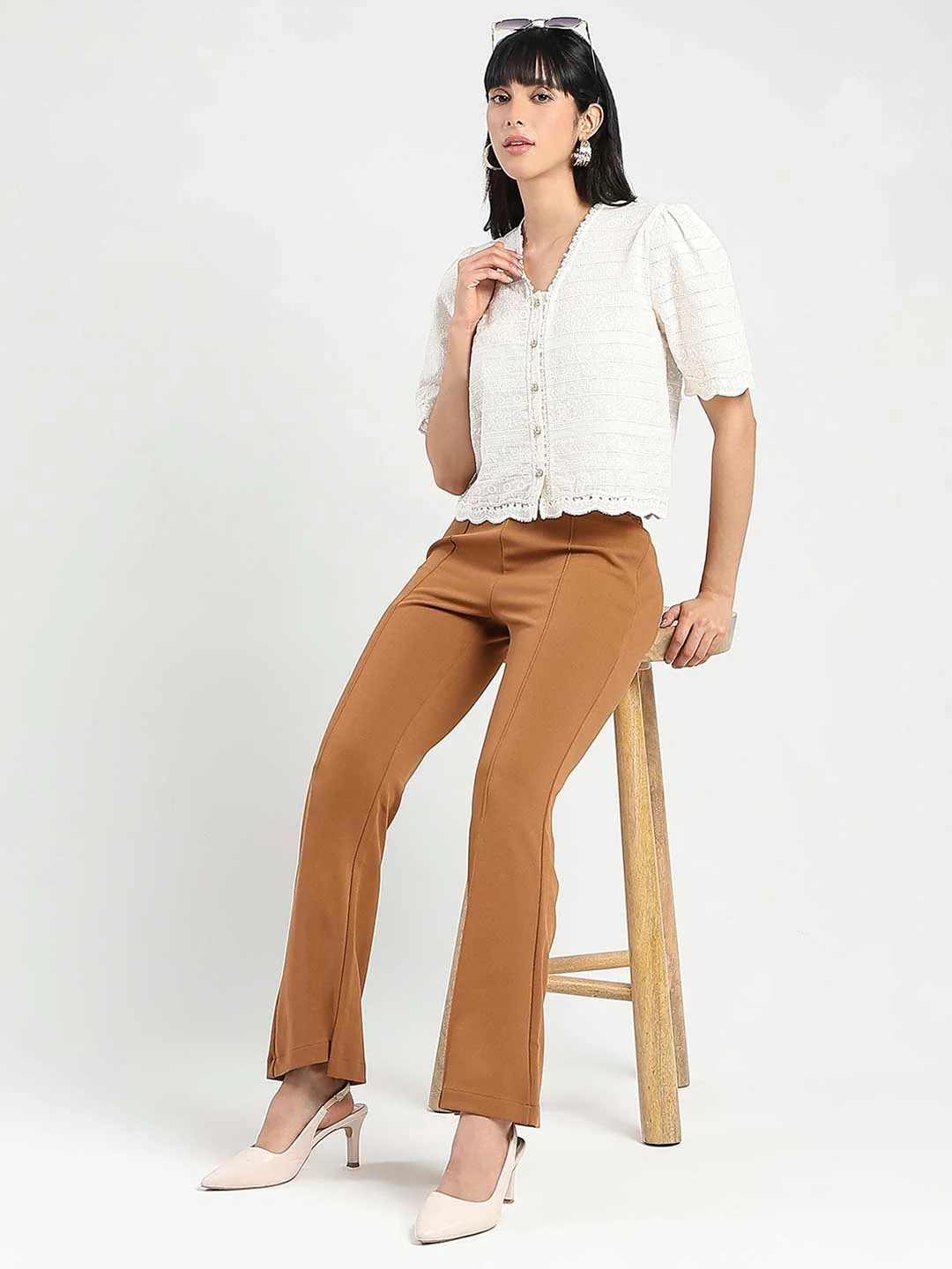 Madame Scalloped Beige Cotton Top - Image 3