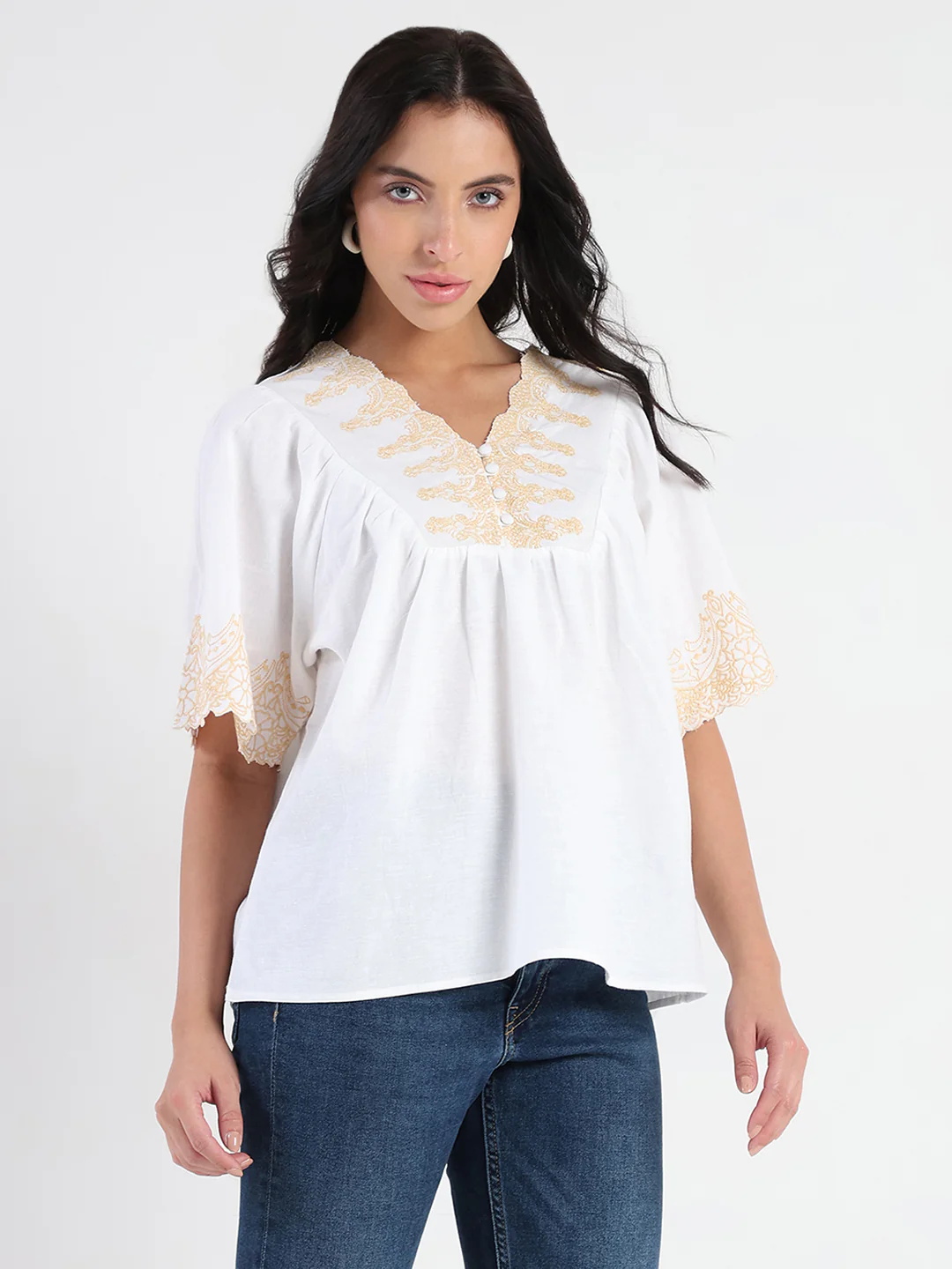 Madame Embroidered Detail Off White Viscose Blend Top - Image 4