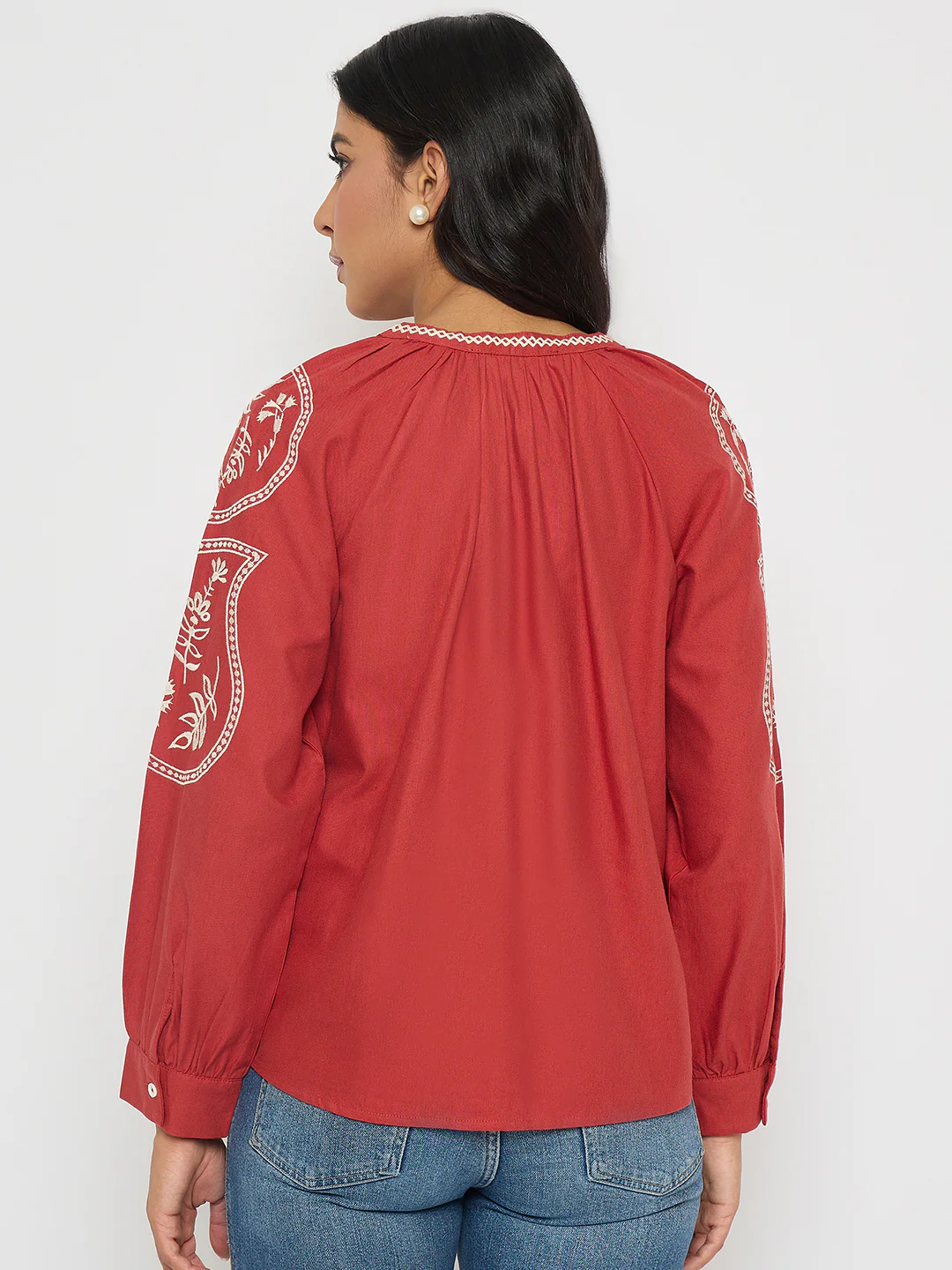 Madame Floral Embroidery Red Viscose Blend Top - Image 6