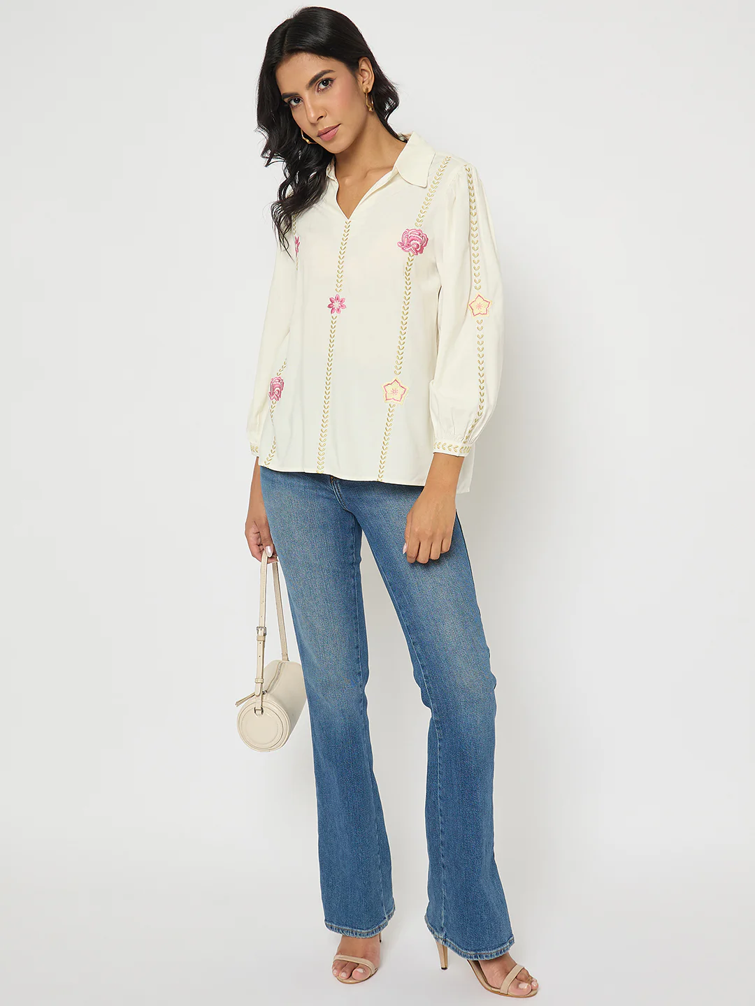 Madame Off White Viscose Blend Floral Embroidered Shirt - Image 2