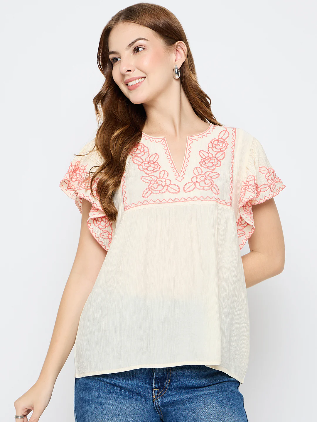 Madame Embroidered Rayon Blend Beige Top - Image 3