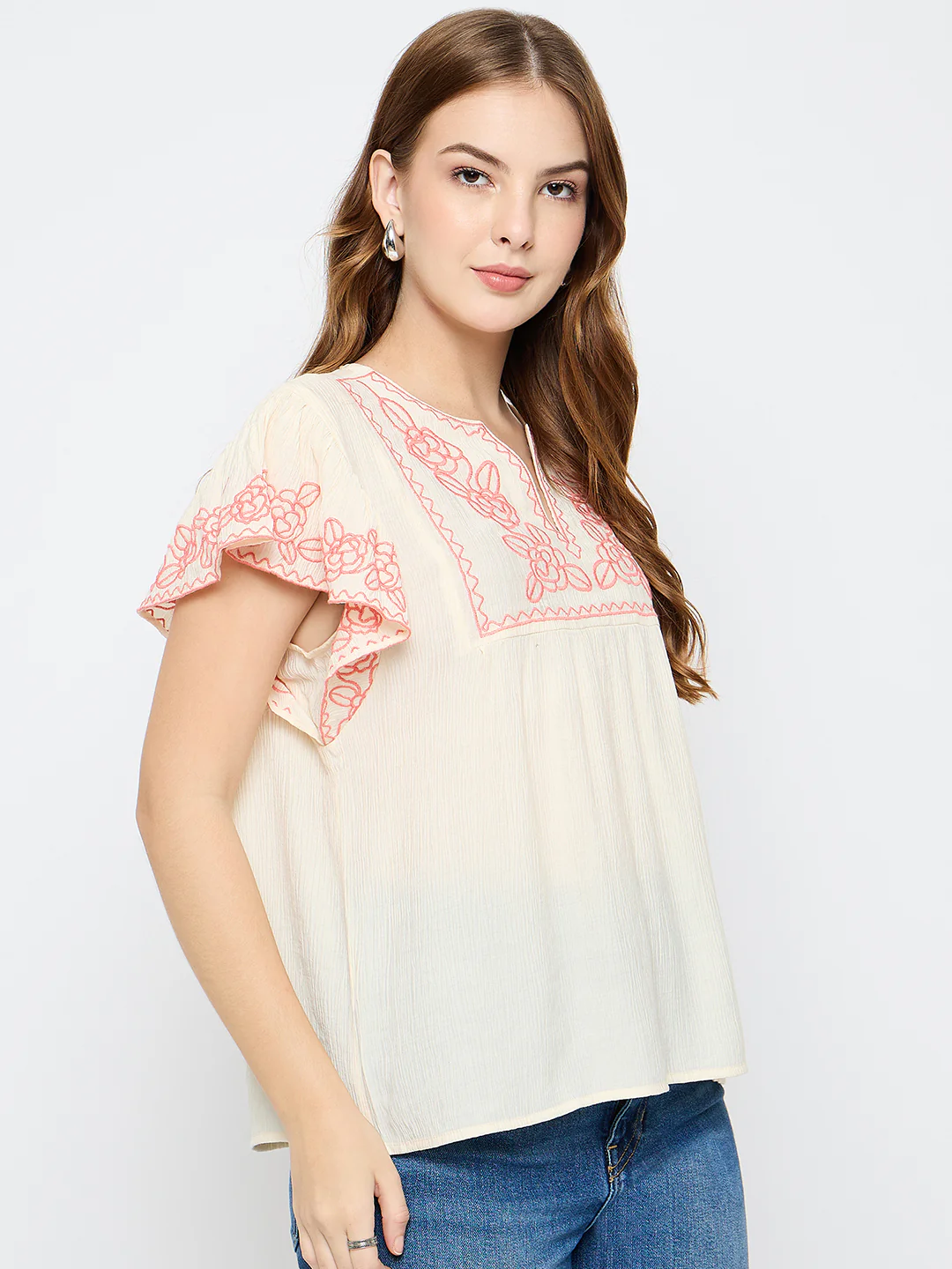 Madame Embroidered Rayon Blend Beige Top - Image 4