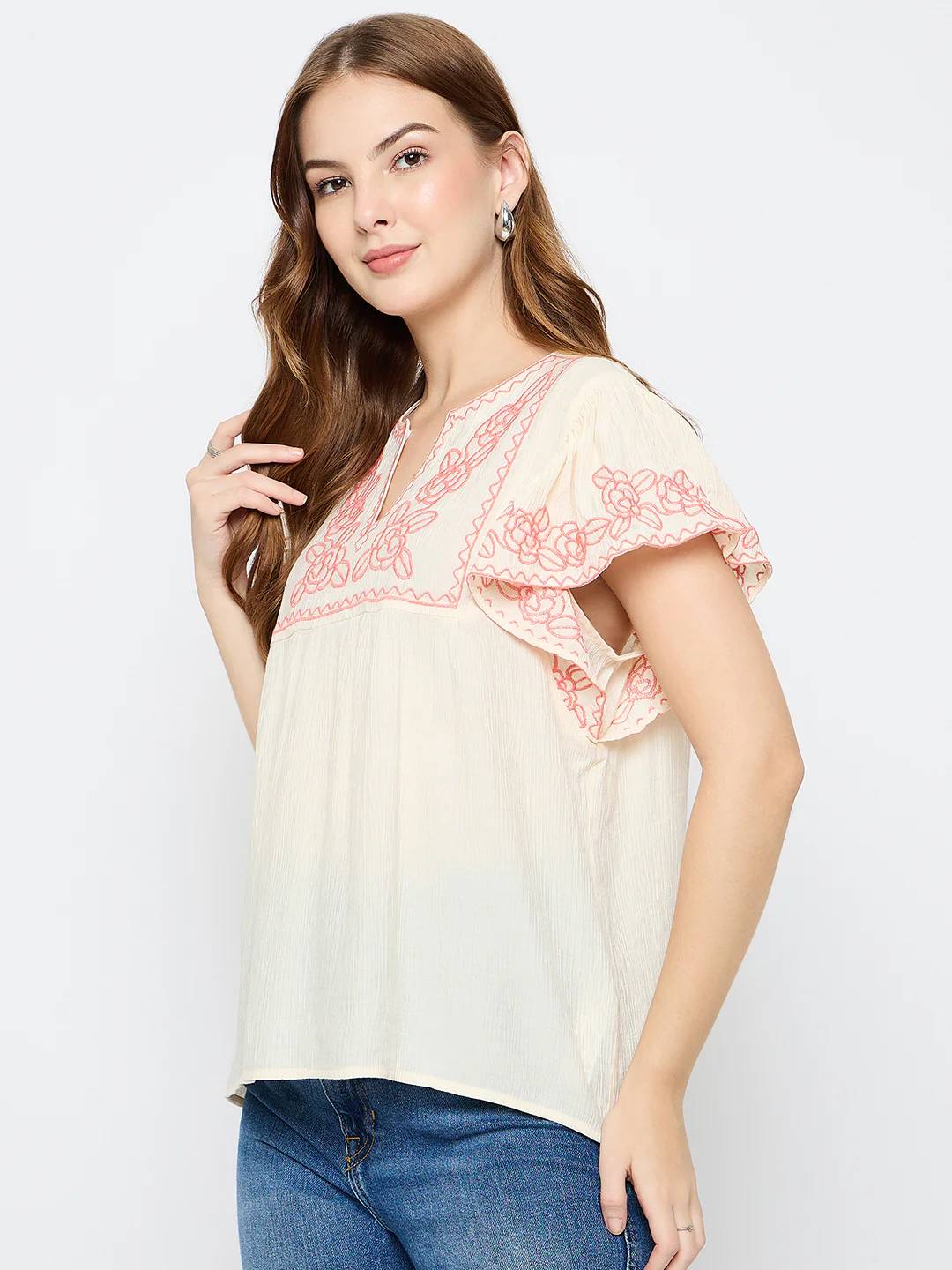 Madame Embroidered Rayon Blend Beige Top - Image 5