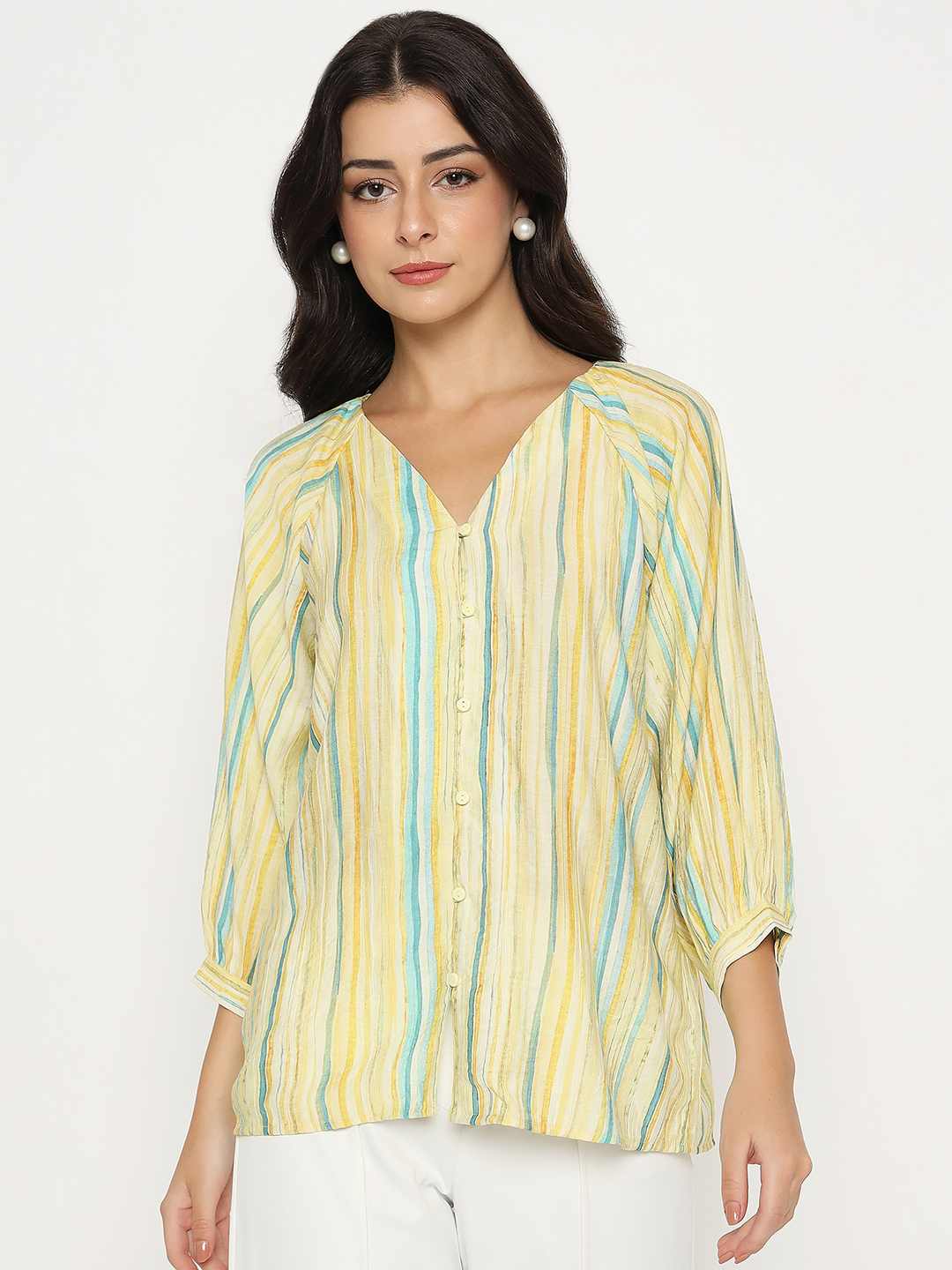 Madame Striped Rayon Blend Yellow Top - Image 3