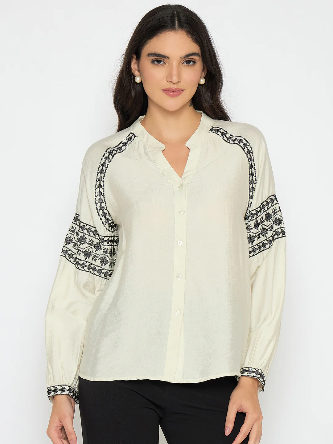 Madame Embroidered Off White Rayon Blend Top - Image 3