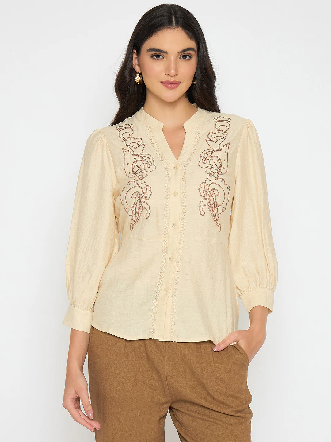 Madame Embroidered Lace Detailed Beige Top