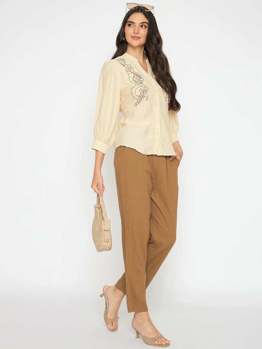 Madame Embroidered Lace Detailed Beige Top - Image 3