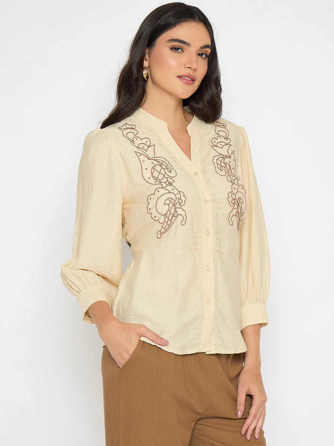 Madame Embroidered Lace Detailed Beige Top - Image 4