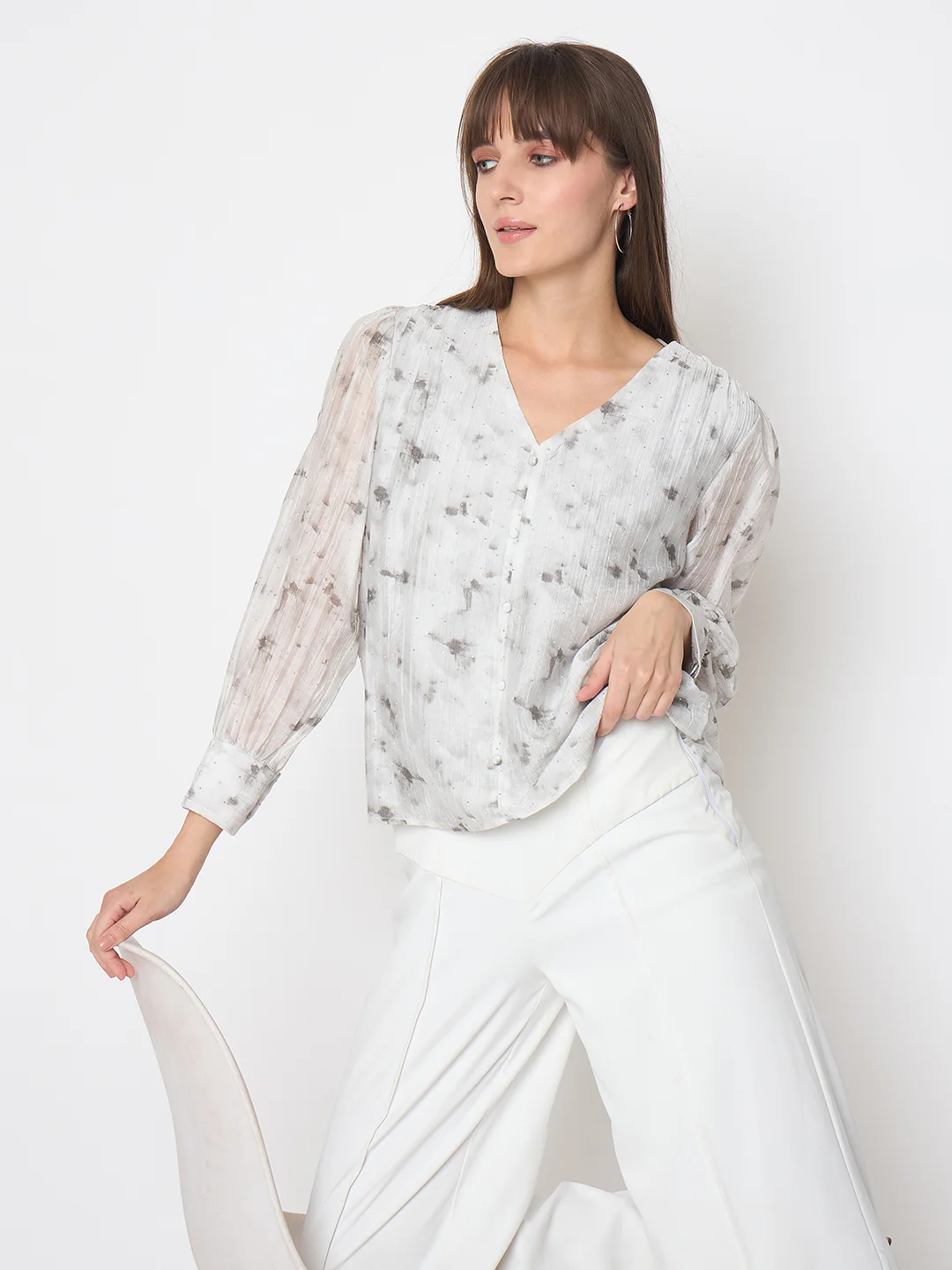 Madame Nylon Printed Embellished Grey Overlapping Top