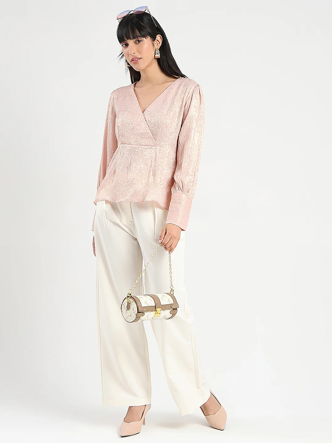 Madame Textured Pleat Detail Cinch Waist Peach Top - Image 2