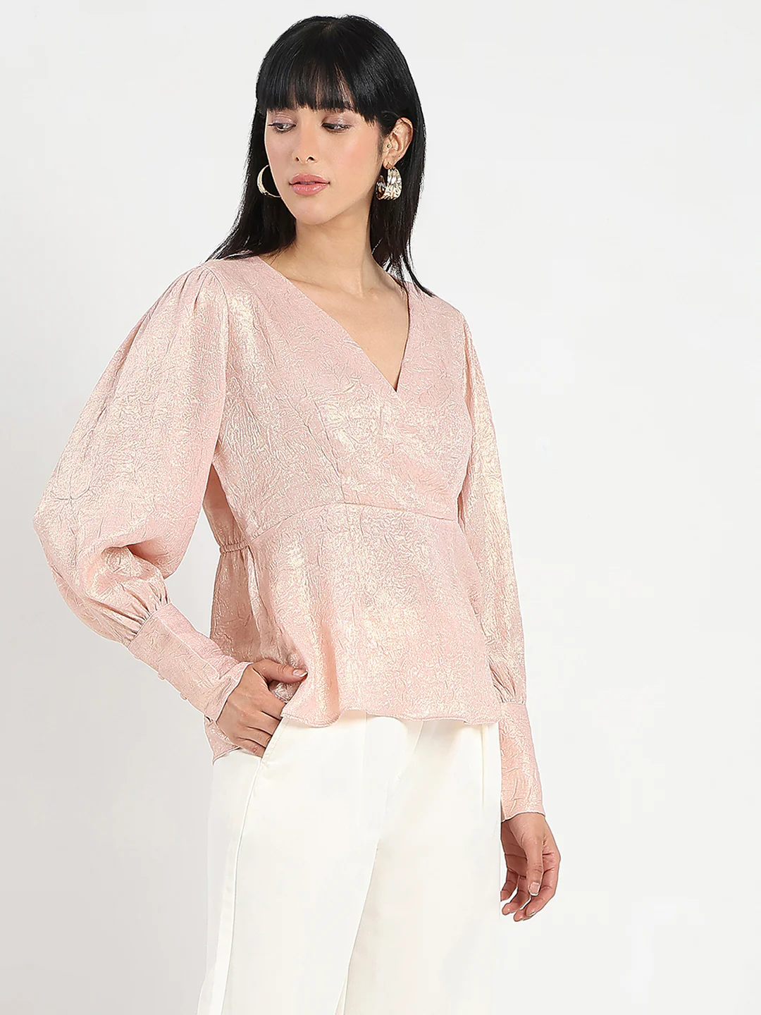 Madame Textured Pleat Detail Cinch Waist Peach Top - Image 4