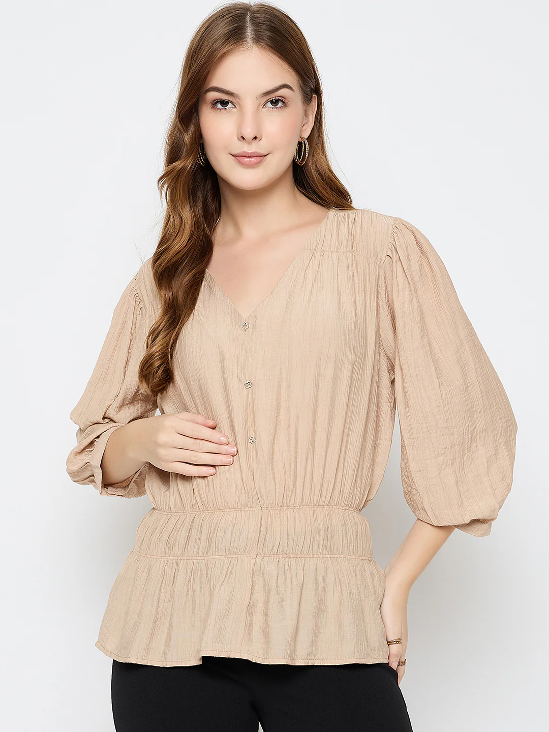 Madame Solid Rayon Blend Beige Peplum Top - Image 3
