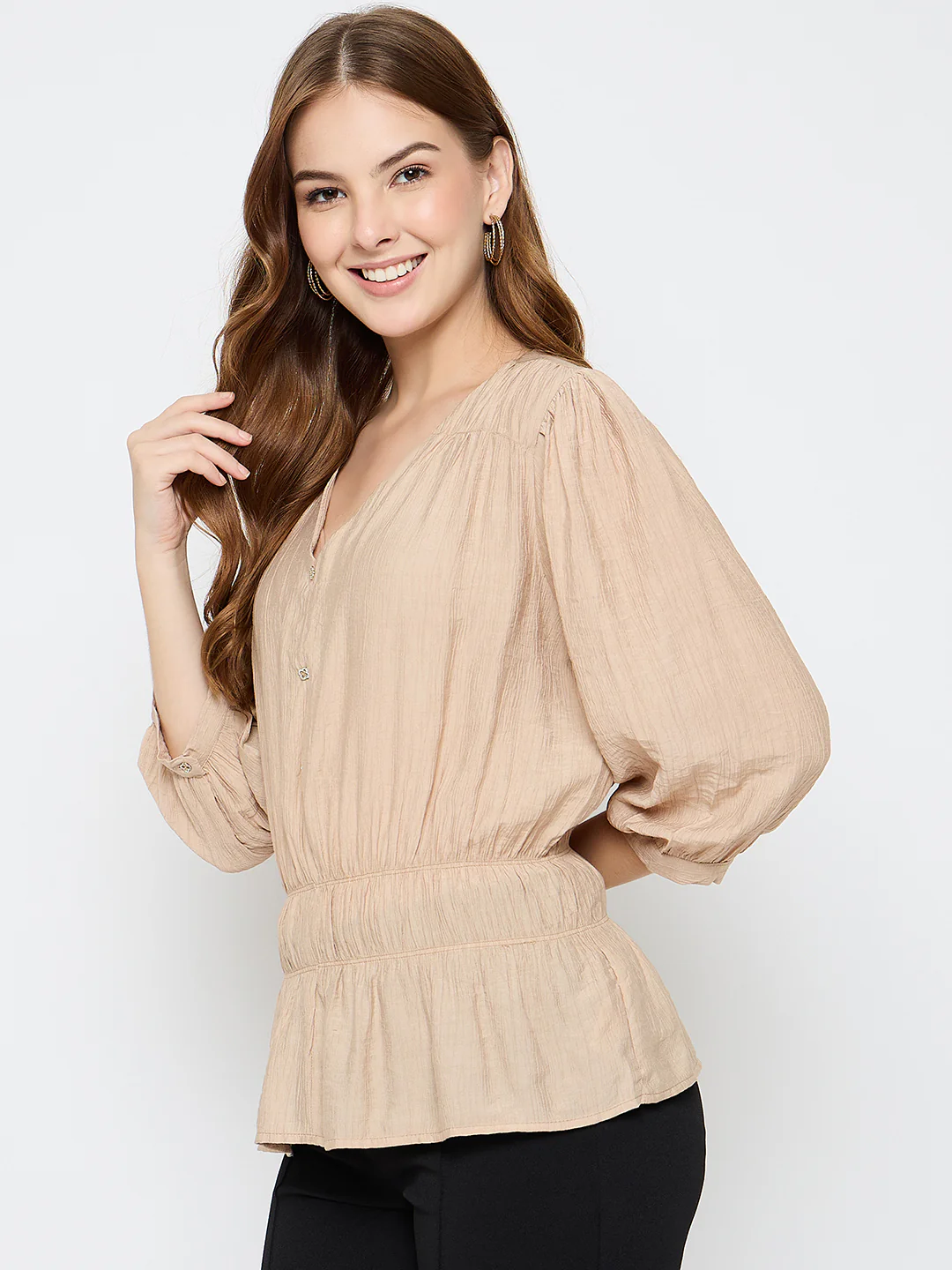 Madame Solid Rayon Blend Beige Peplum Top - Image 5
