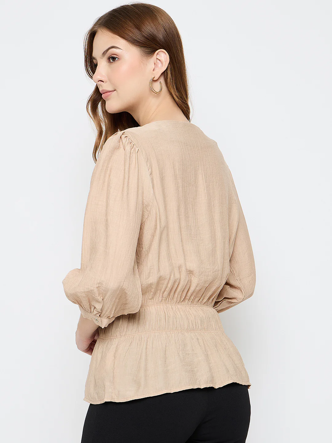 Madame Solid Rayon Blend Beige Peplum Top - Image 6