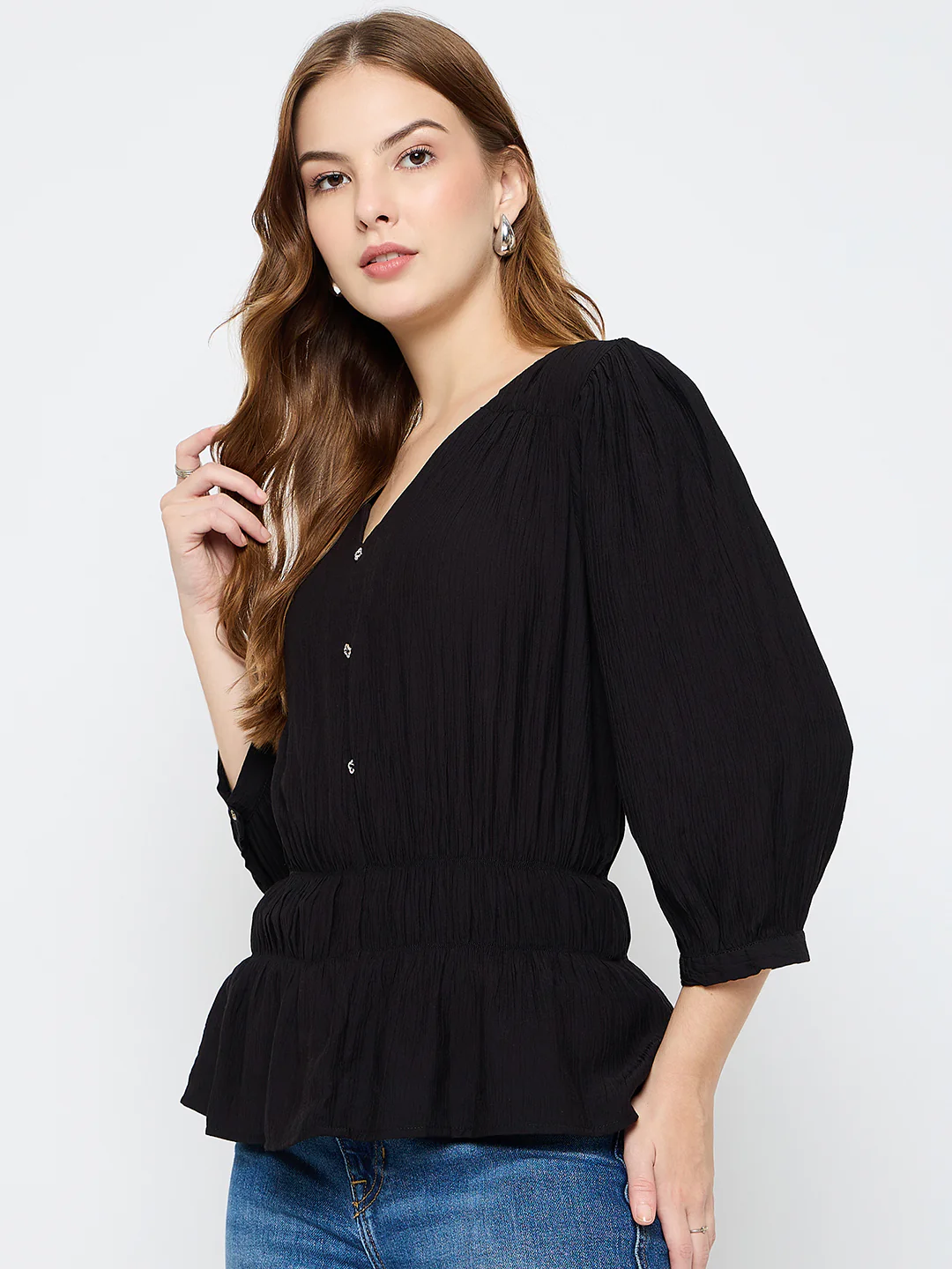 Madame Solid Rayon Blend Black Peplum Top - Image 5