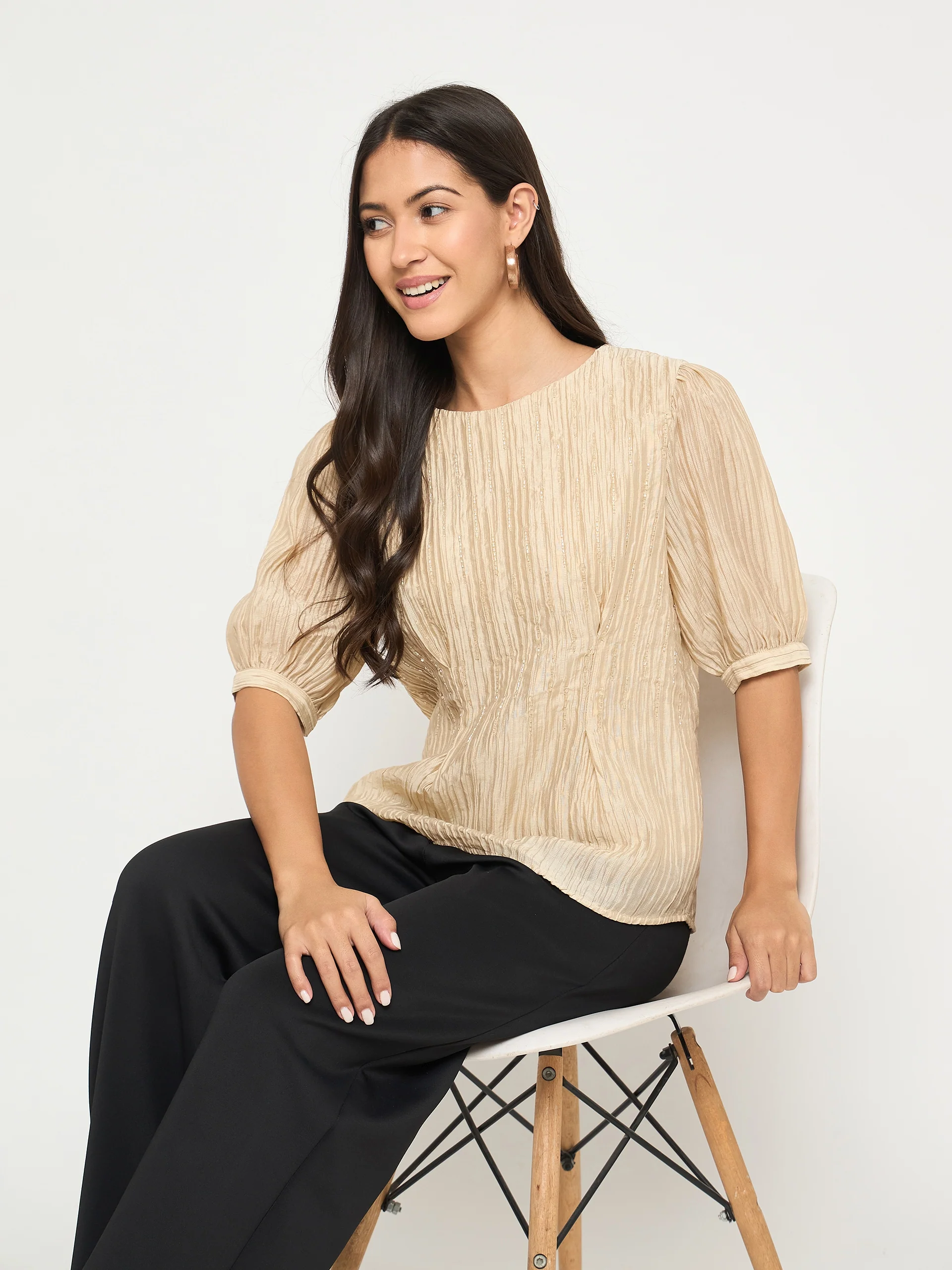 Madame Textured Embellished Tencel Blend Beige Top
