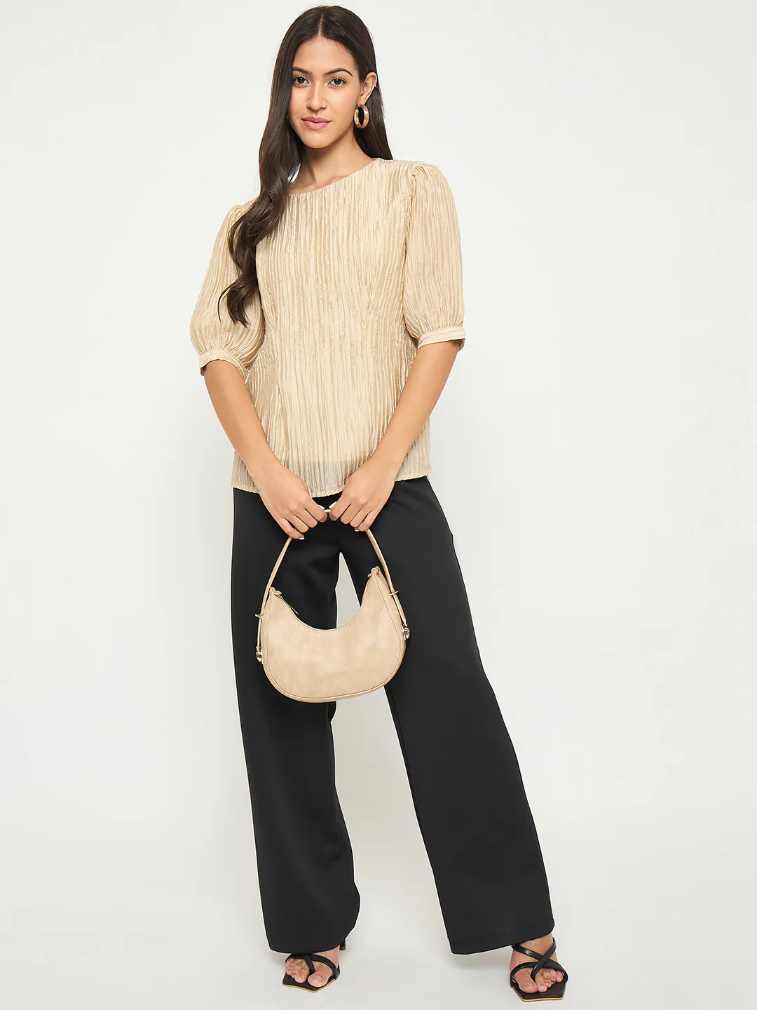 Madame Textured Embellished Tencel Blend Beige Top - Image 2