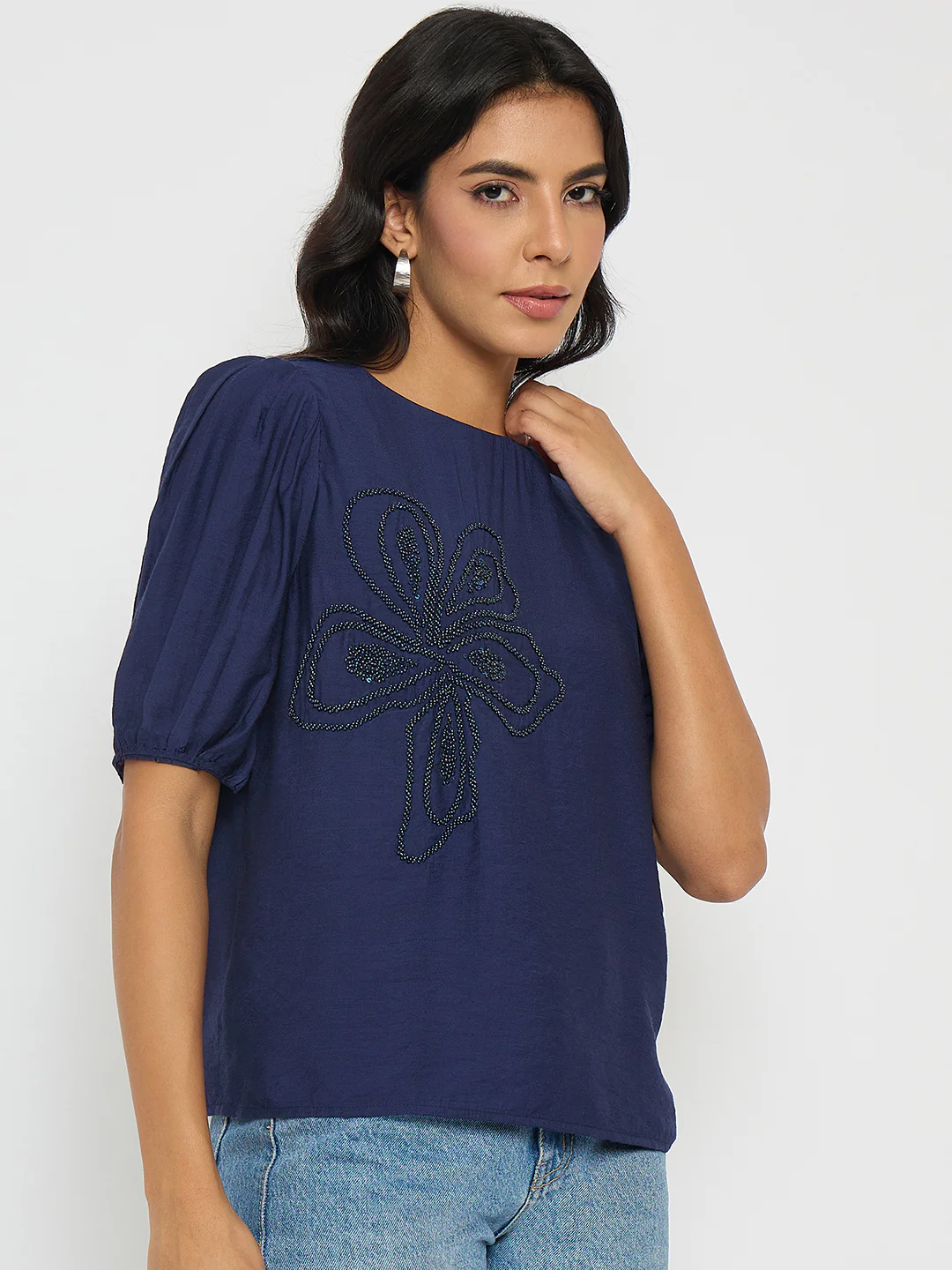 Madame Embellished Rayon Blend Navy Blue Top - Image 4