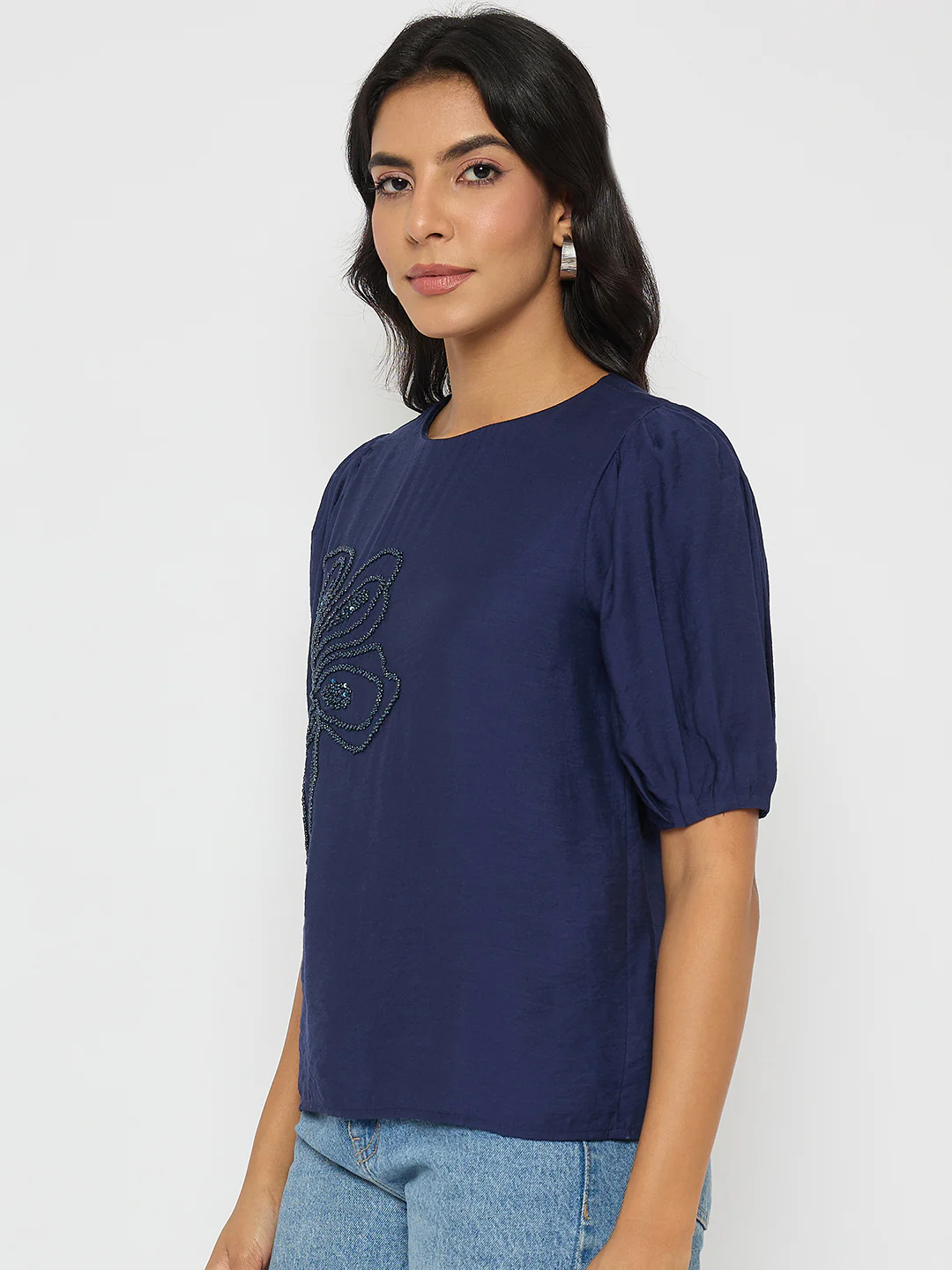 Madame Embellished Rayon Blend Navy Blue Top - Image 5