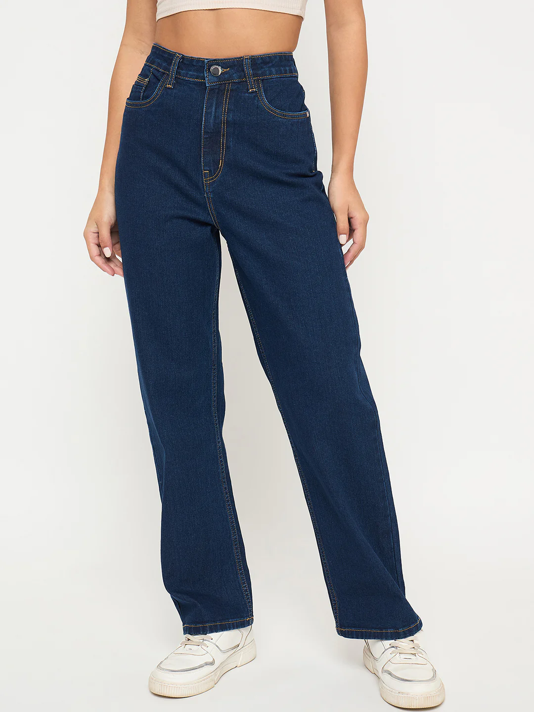 Madame Acid Wash Dark Blue Cotton Blend Straight Jeans