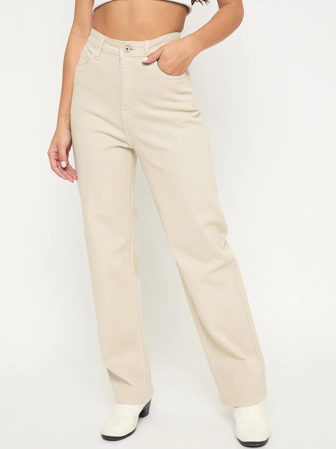 Madame Straight Fit Cotton Blend Solid Beige Jeans - Image 4