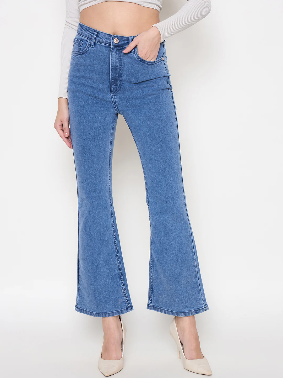 Madame Cotton Blend Flared Fit Mid Blue Denim Jeans