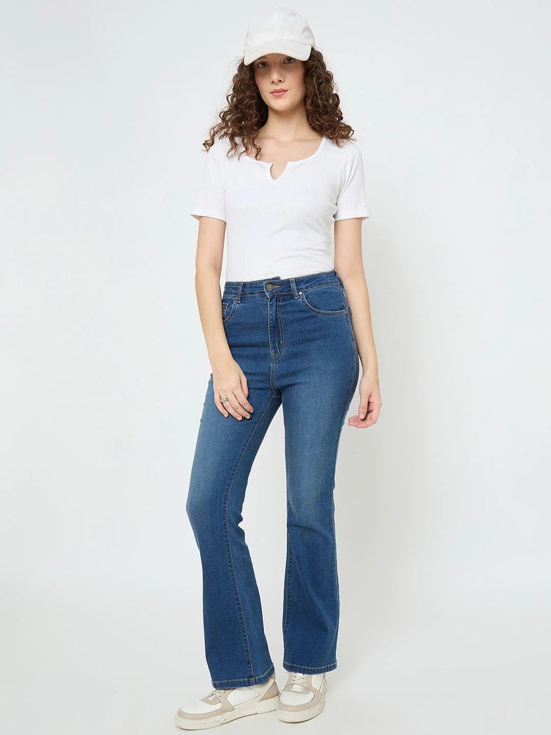 Madame Cotton Blend Stone Wash Mid Blue Flared Jeans - Image 2
