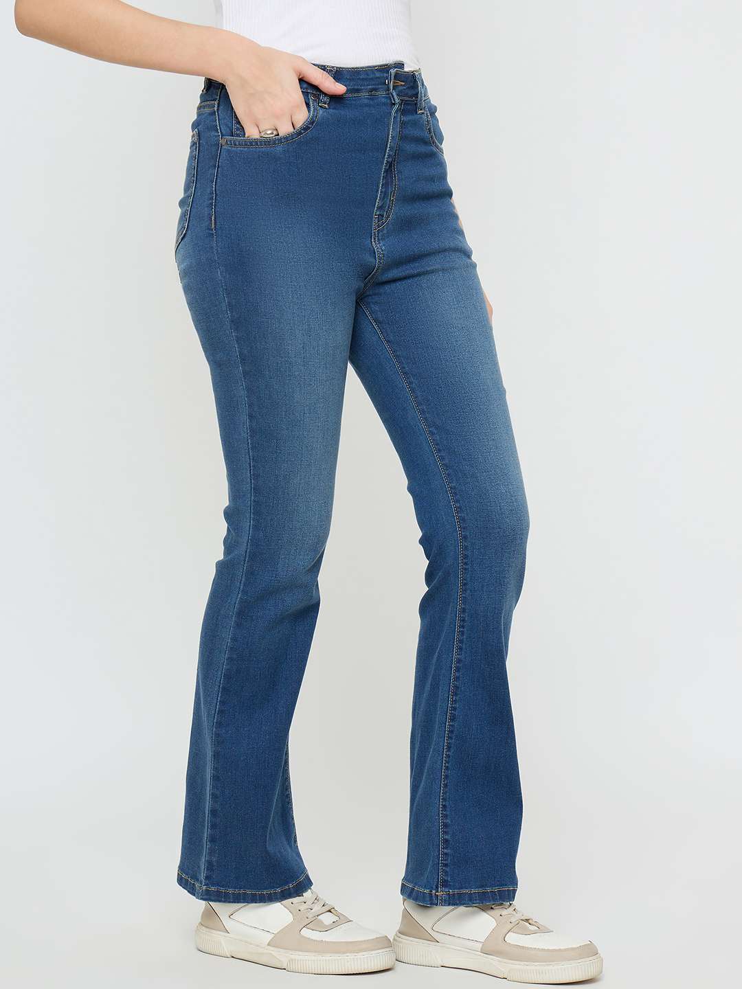 Madame Cotton Blend Stone Wash Mid Blue Flared Jeans - Image 3