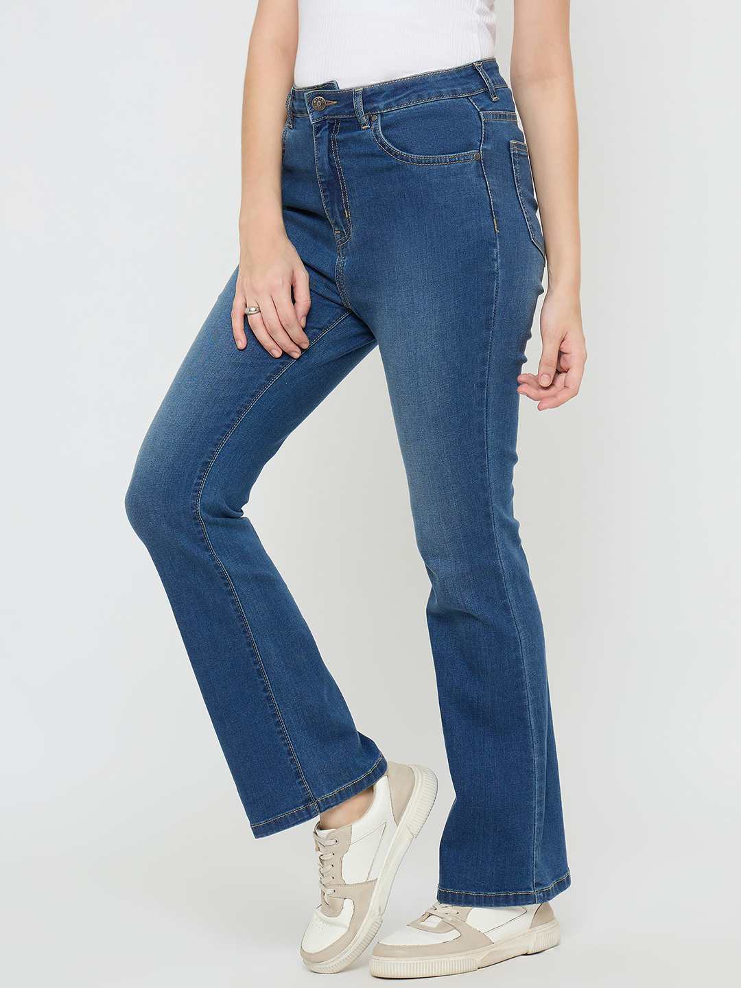 Madame Cotton Blend Stone Wash Mid Blue Flared Jeans - Image 4