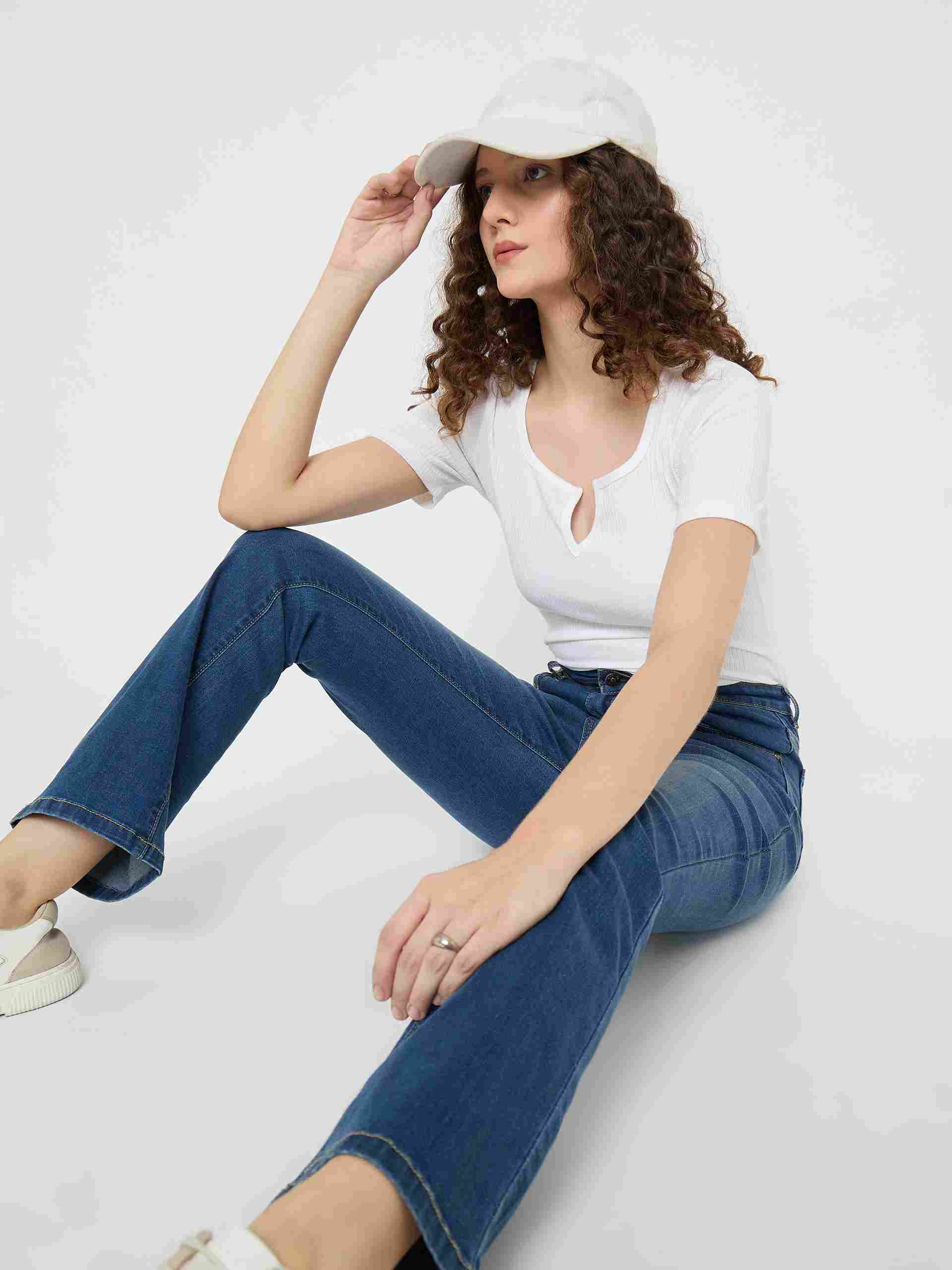 Madame Cotton Blend Stone Wash Mid Blue Flared Jeans - Image 7