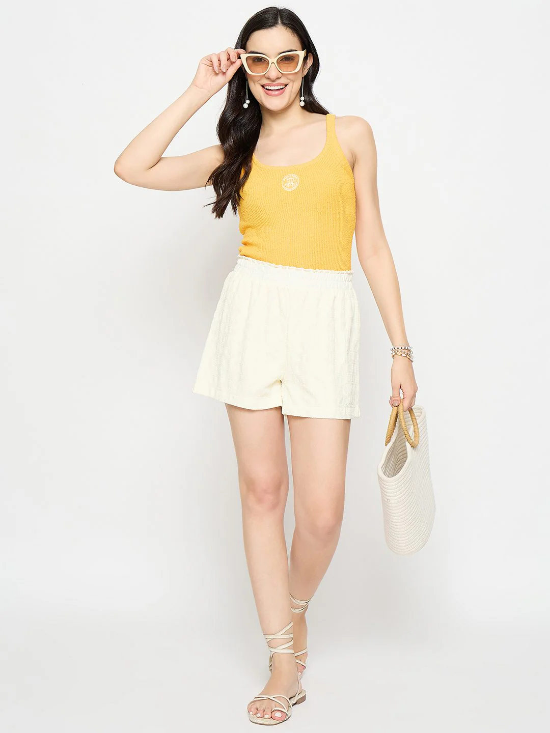 Madame Elasticated Solid Off White Shorts - Image 2
