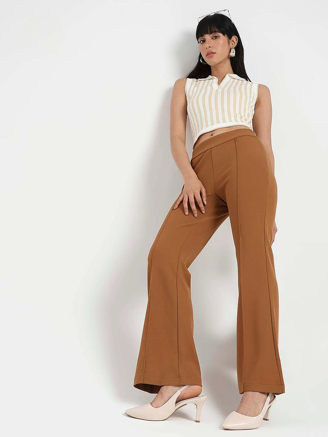 Madame Side Zipper Flared Coffee Brown Knitted Moss Trousers - Image 5
