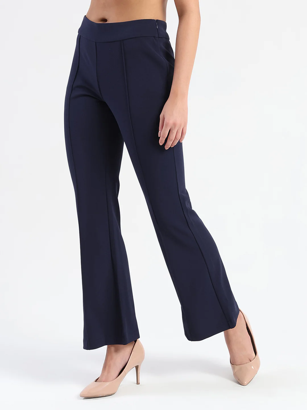 Madame Side Zipper Flared Navy Blue Knitted Moss Trousers - Image 4
