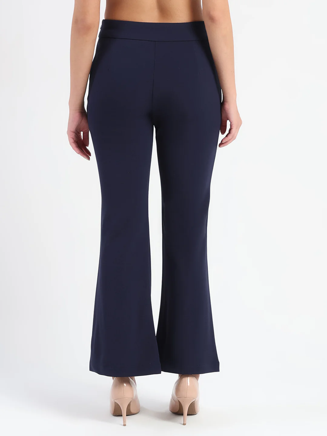 Madame Side Zipper Flared Navy Blue Knitted Moss Trousers - Image 5