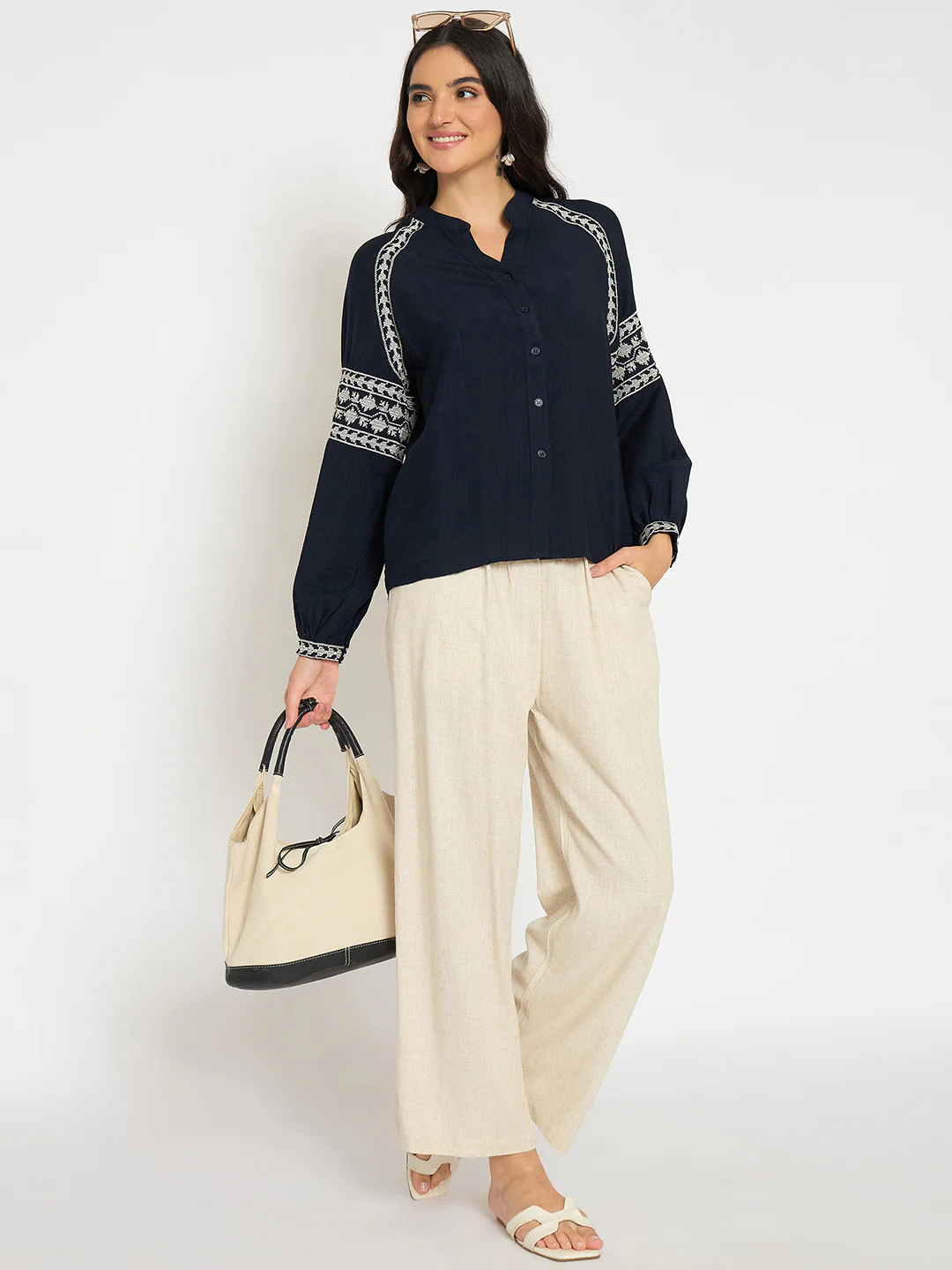 Madame Straight Fit Solid Beige Rayon Blend Trousers - Image 2