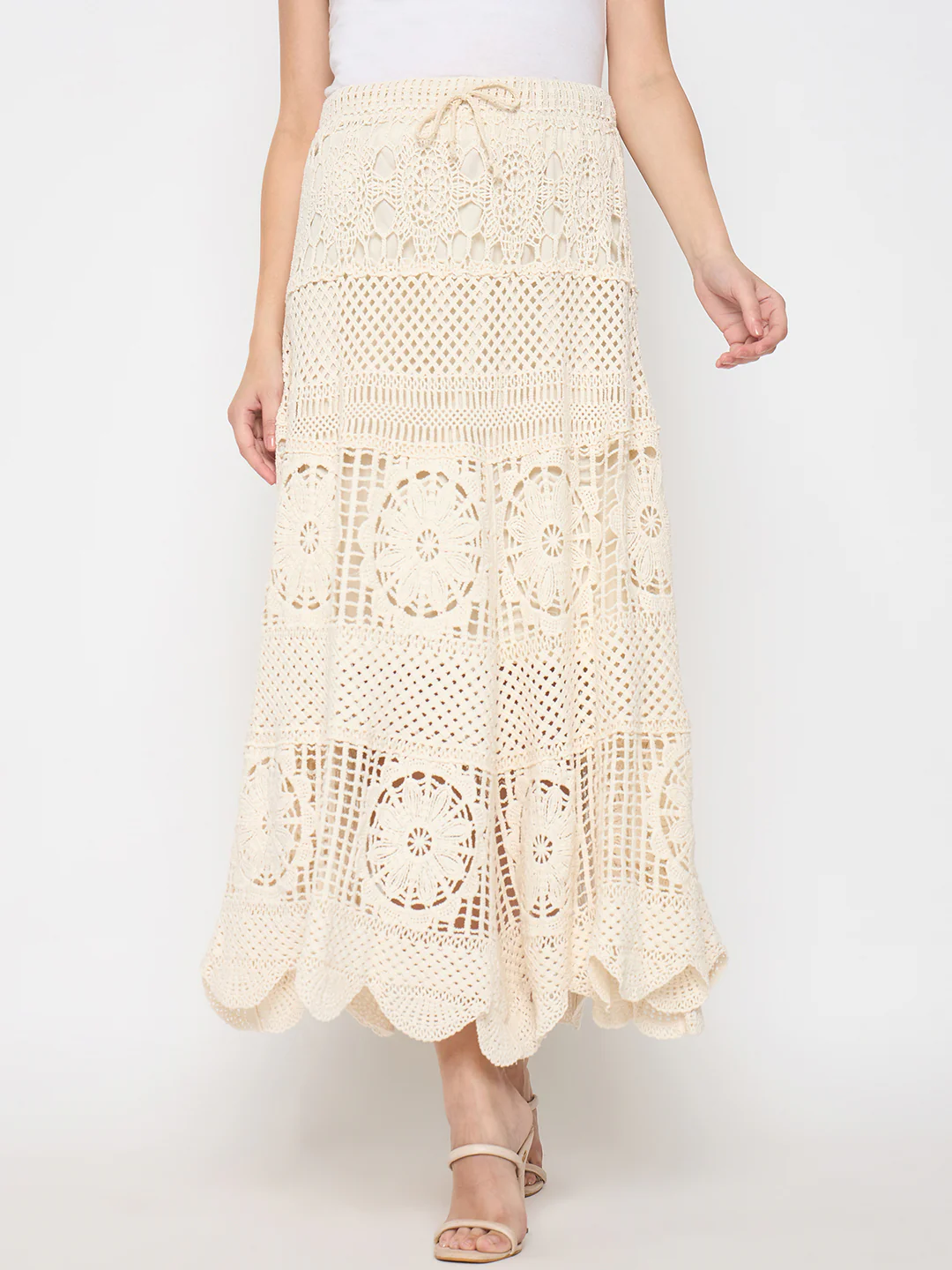 Madame Cotton Crochet Lace Tiered Beige Maxi Skirt - Image 3